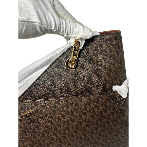 Michael Kors Jet Set Large Leather Brown X Cross Chain Shoulder Tote Hand Bag - Picture 11 of 16